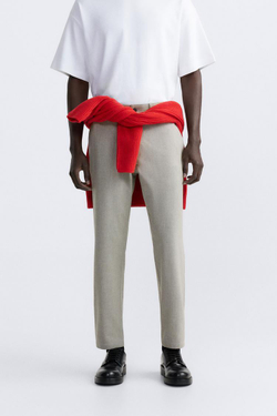 ZARA БРЮКИ КОМФОРТНОЙ ПОСАДКИ ИЗ РЕЛЬЕФНОЙ ТКАНИ, СЕРО-КОРИЧНЕВЫЙ