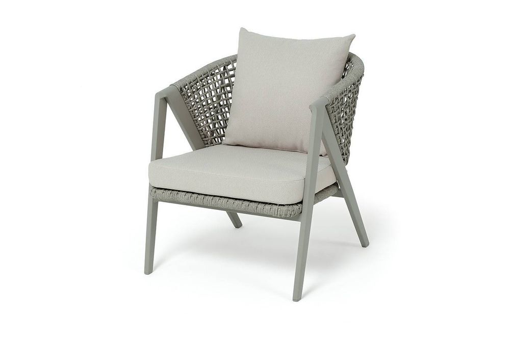 "Амстердам" кресло плетеное из роупа, каркас алюминий, роуп серый круглый, ткань бежевая