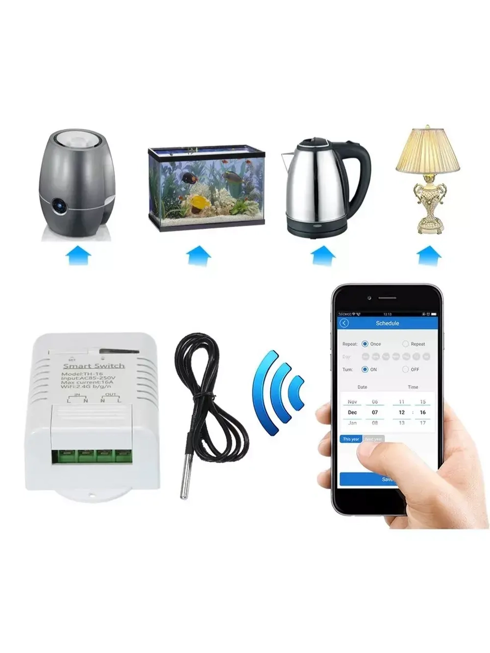 Умное Wi-Fi реле 16A RF433МГц c внешним датчиком Алиса