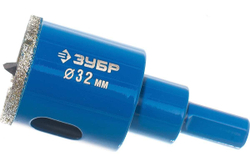 Алмазная коронка с центрирующим сверлом по керамике и стеклу ЗУБР Профессионал Р60, трехгранный хвостовик, 32 мм, для дрели 29850-32