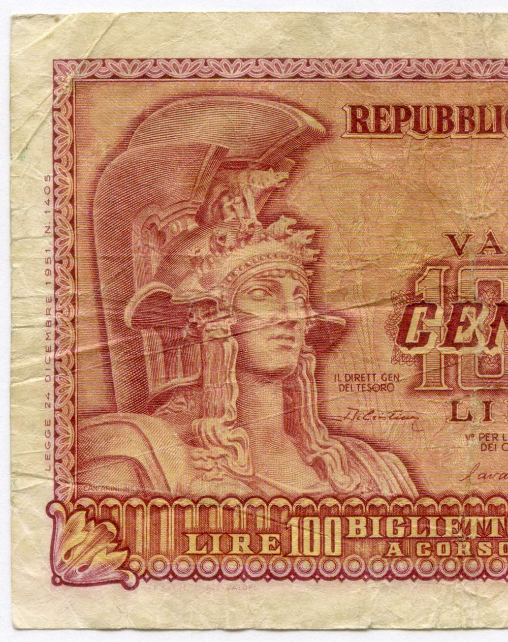 Банкнота Италия 100 лир 1951 год 3821 065503. F-VF