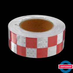 Красно-белая светоотражающая лента шашки 50 мм х 25 метров