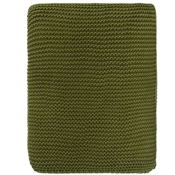 Плед из хлопка жемчужной вязки оливкового цвета Essential, 130х180 см