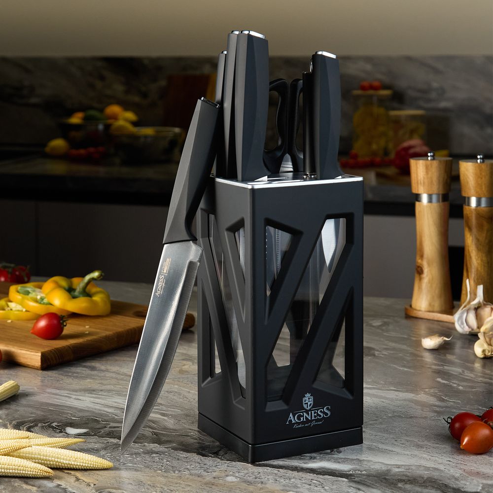 НАБОР НОЖЕЙ AGNESS НЖС НА ПЛАСТИКОВОЙ ВРАЩАЮЩЕЙСЯ ПОДСТАВКЕ 8 ПР.