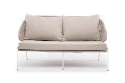 "Милан" диван 2-местный плетеный из роупа, каркас алюминий белый муар, роуп бежевый круглый, ткань бежевая 035