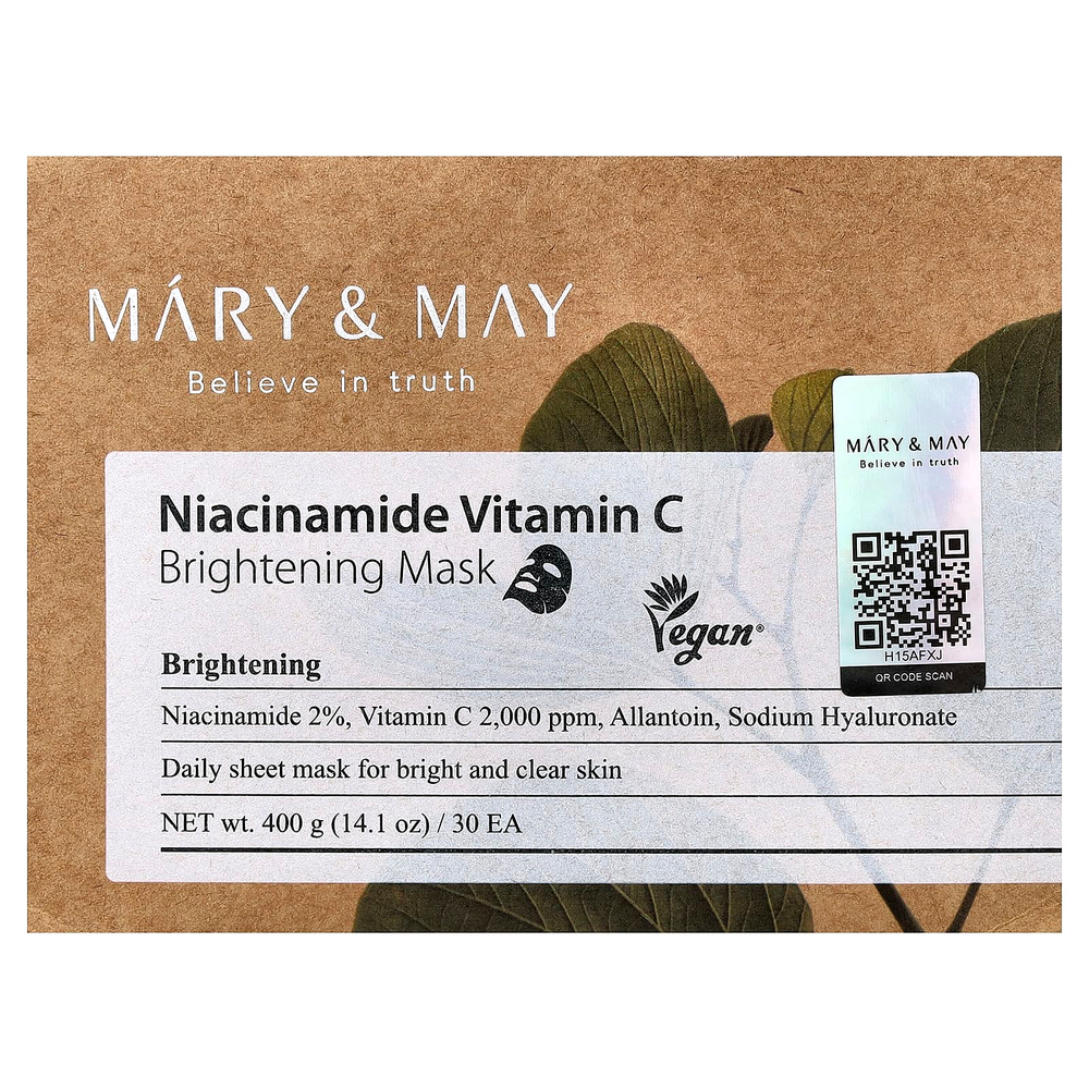 Mary & May, Никотинамид с витамином C, осветляющая косметическая маска, 30 шт., 400 г (14,1 унции)