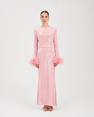 Платье PERSIMMON (Персимон) с перьями на рук., розовое пайеточное
