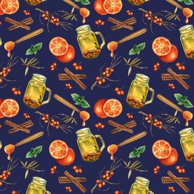 Паттерн с облепиховым чаем ,апельсинами ,корицей, медом на фиолетовом фоне