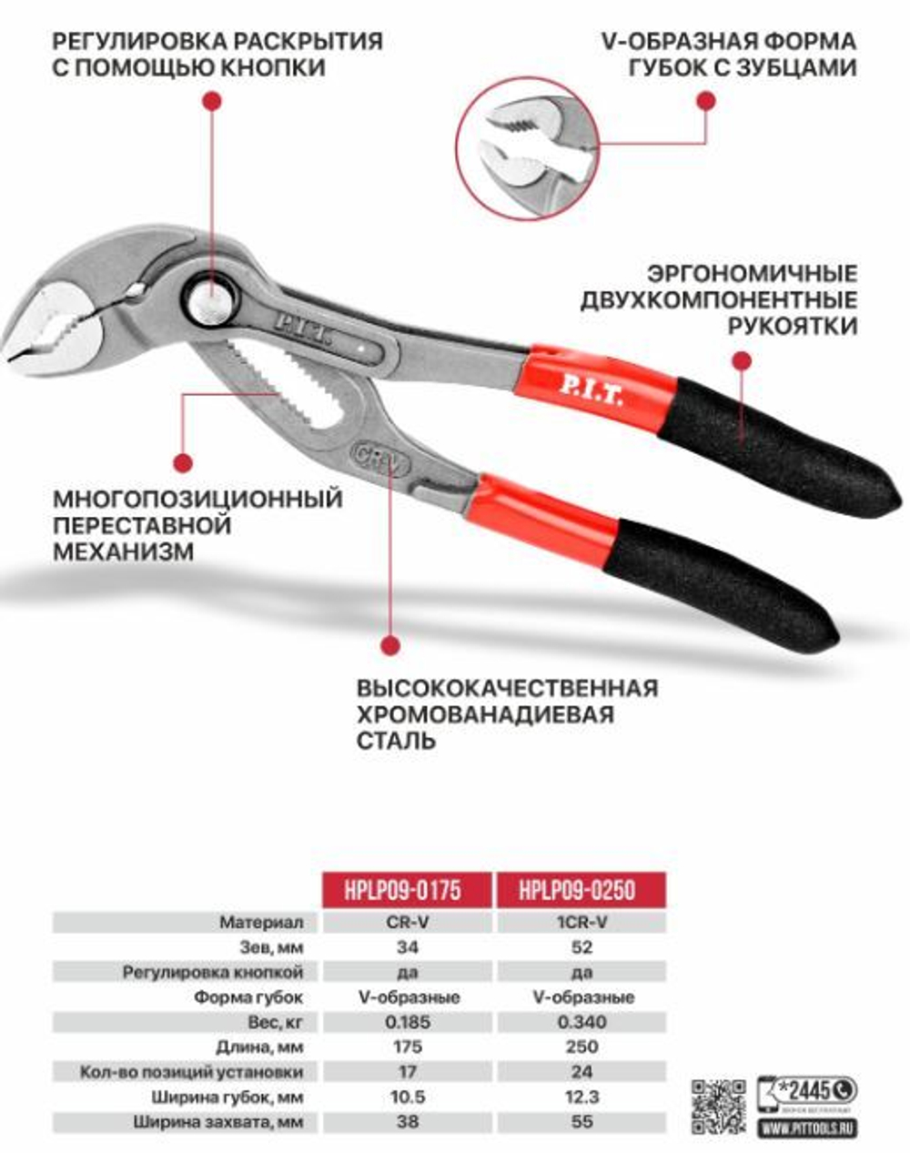Клещи переставные ADVANCE HPLP09-0250  (250мм, V-образные губки, зев 55мм, CR-V, 24 позиций) P.I.T.
