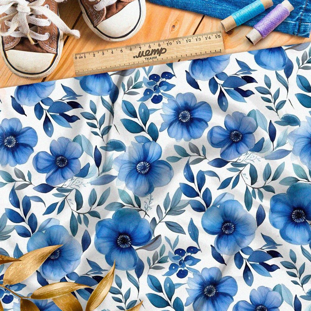 Ткань премиум Оксфорд 600D голубая цветочная фантазия