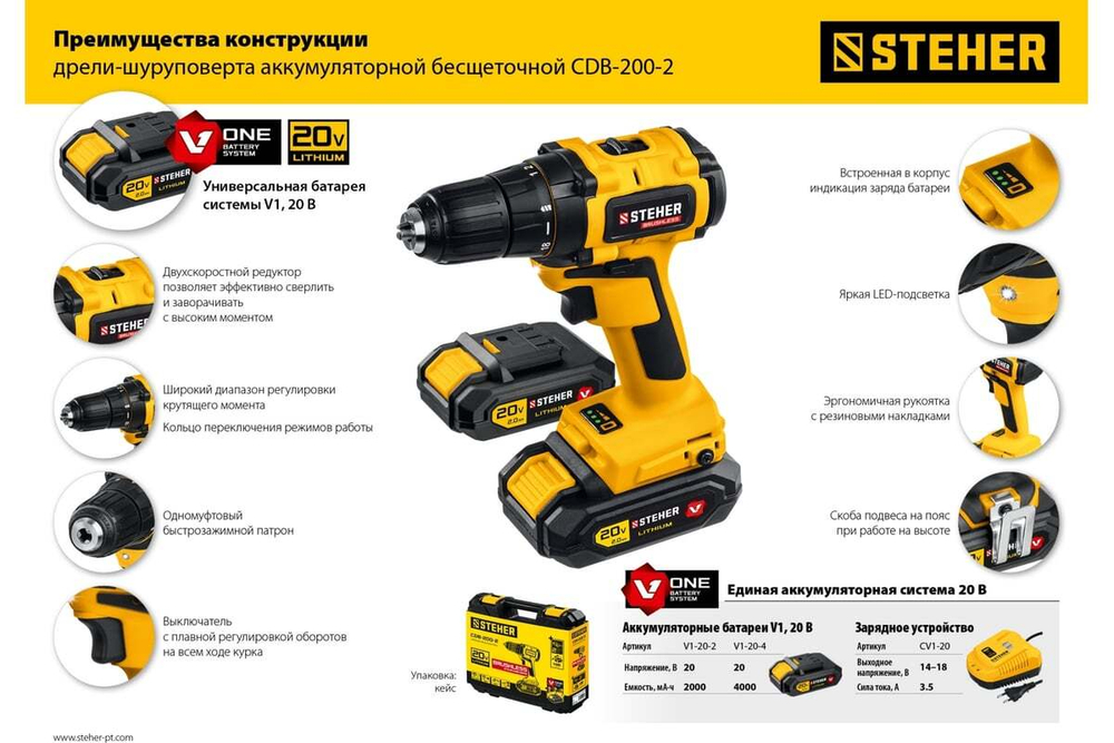 Бесщеточная дрель-шуруповерт STEHER CDB-200-2