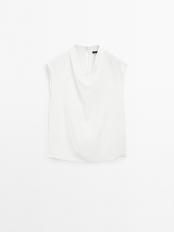 Massimo Dutti Блуза из струящейся ткани с драпированным воротником, белый