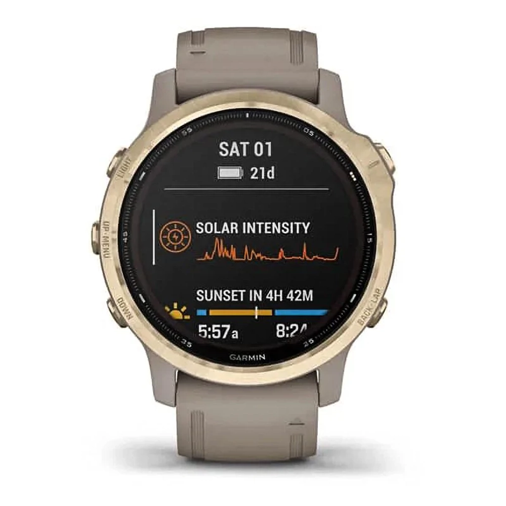 Спортивные наручные часы Garmin Fenix 6s Pro Solar золотистый с песочным ремешком 010-02409-11
