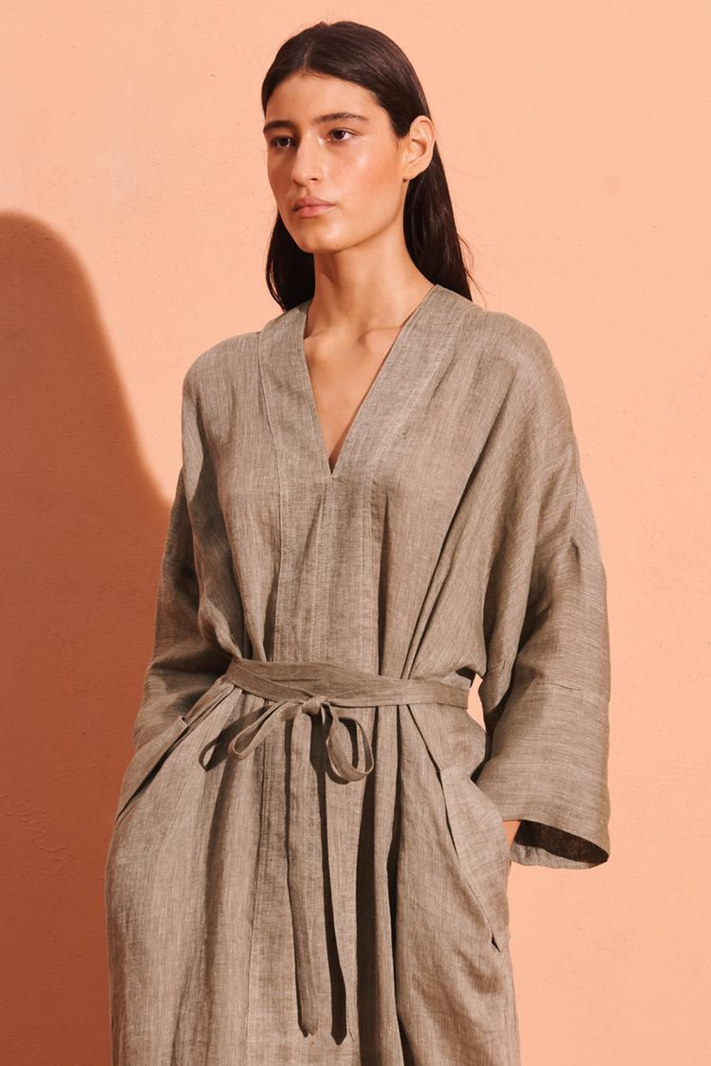 ZARA ПЛАТЬЕ-КИМОНО ИЗ 100% ЛЬНА, ХАКИ