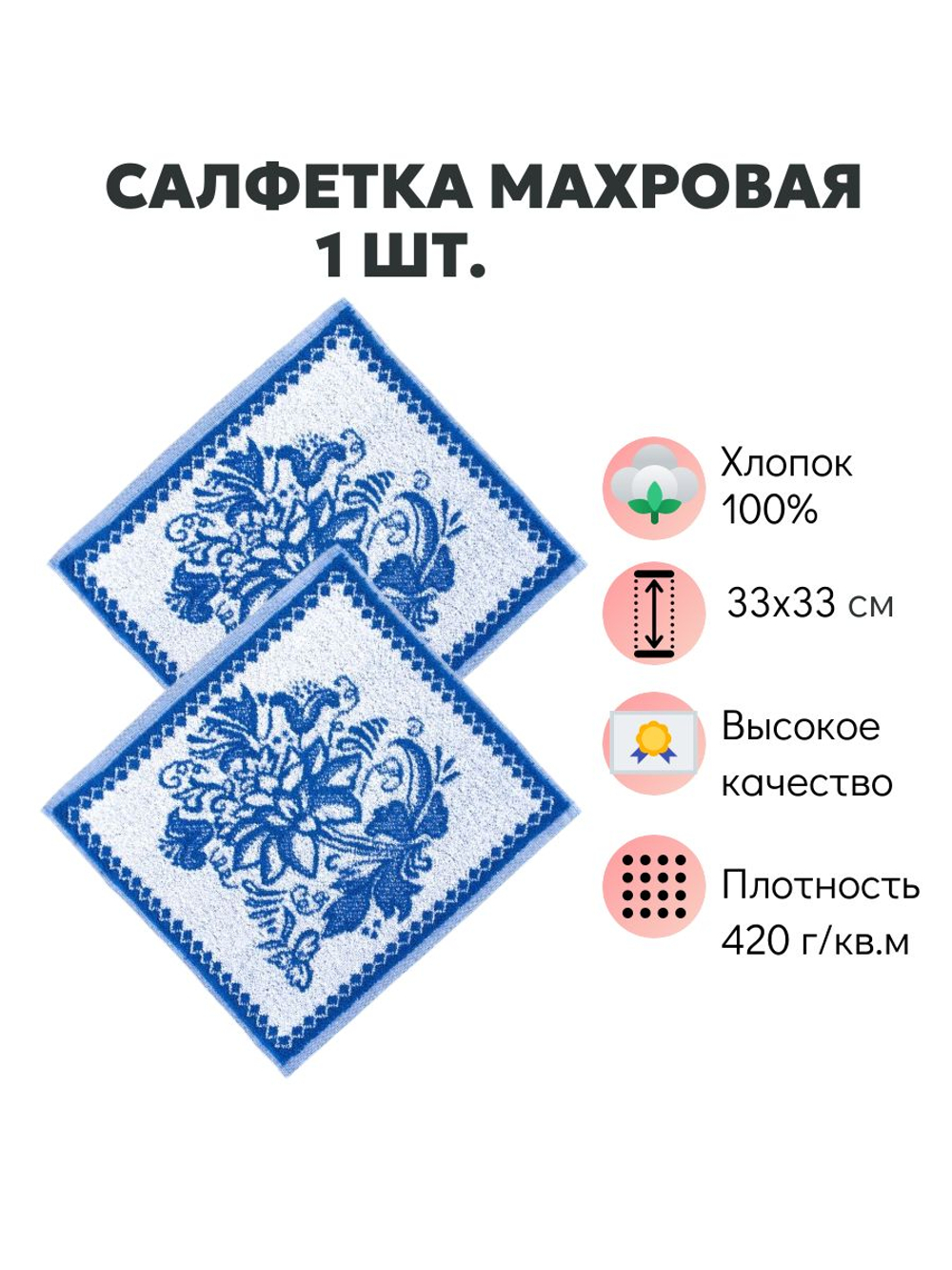 Авангард Салфетка, полотенце Гжель-3 махровая, 33х33 см, синий/белый, для лица, рук, кухни, 1 шт.