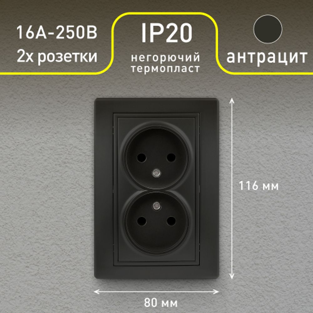 Розетка Intro Plano 1-204-05 без заземления двойная 2х2P, 16А-250В, IP20, СУ, антрацит