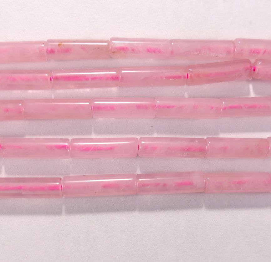 Нить бусин из кварца розового, фигурные, 4x13 мм (цилиндр, гладкая)