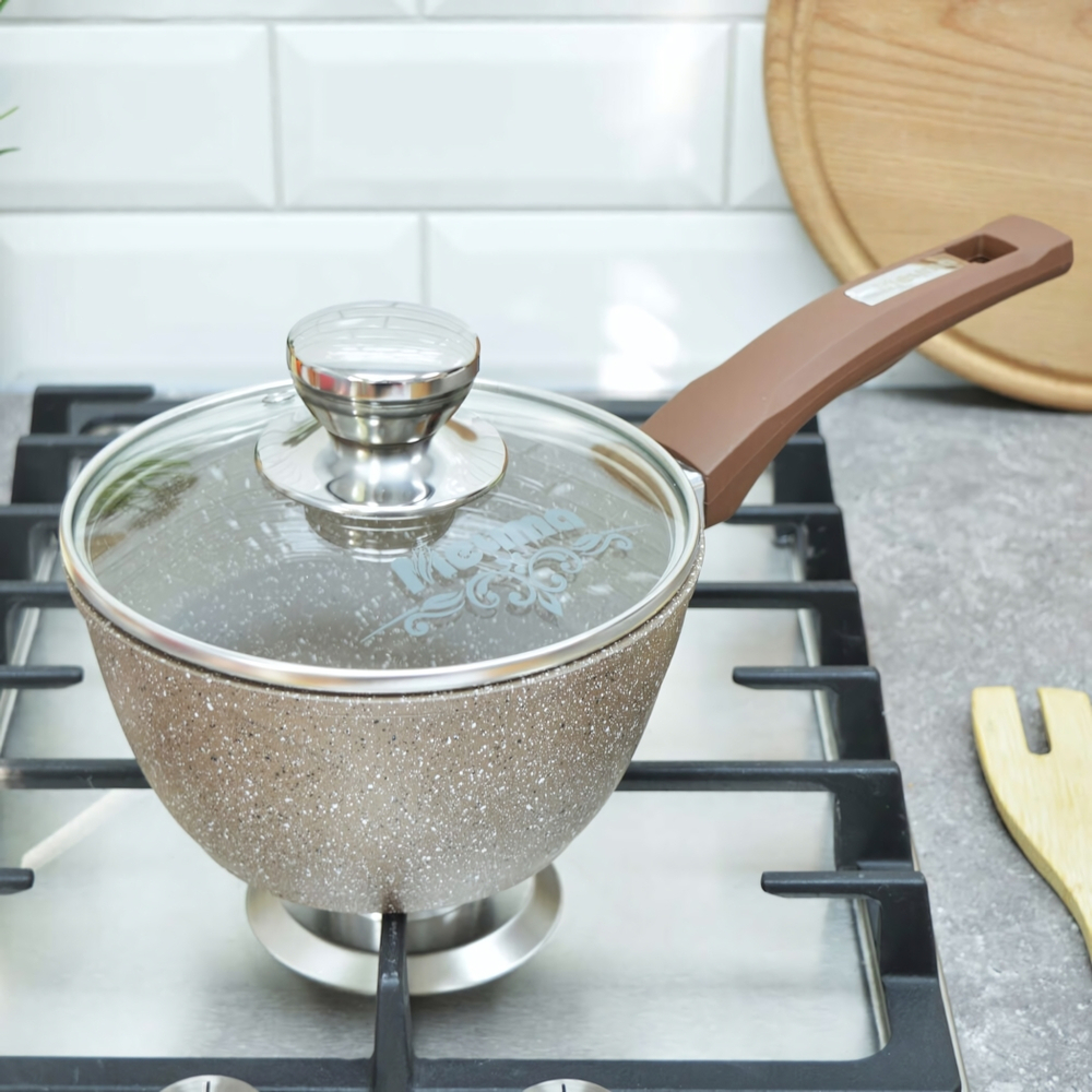 Ковш 1,2л Гранит brown с несъемной ручкой и стеклянной крышкой