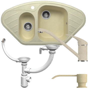 Мойка POLYGRAN F-14 опал №328 (бежевый), смеситель НИЗКИЙ КРАН ЭКО опал