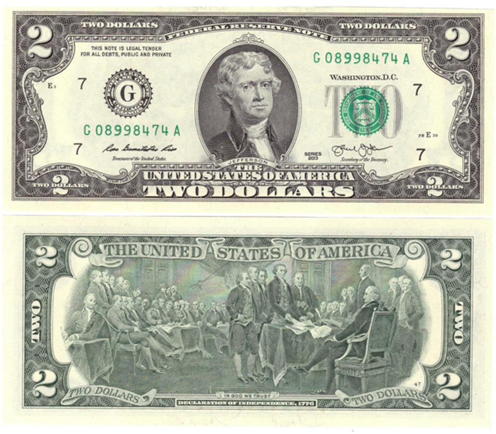 Счастливая банкнота 2 доллара 2013 год UNC