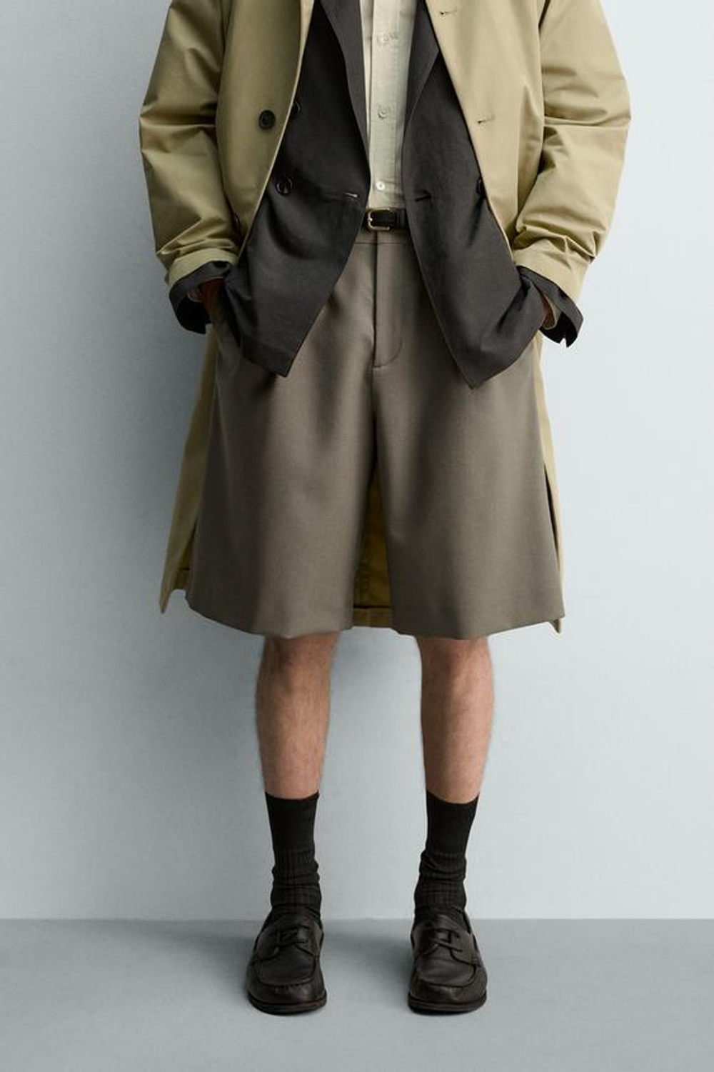 ZARA ШОРТЫ ИЗ 100% ШЕРСТИ С ЗАЩИПАМИ, МЯГКИЙ ЗЕЛЕНЫЙ