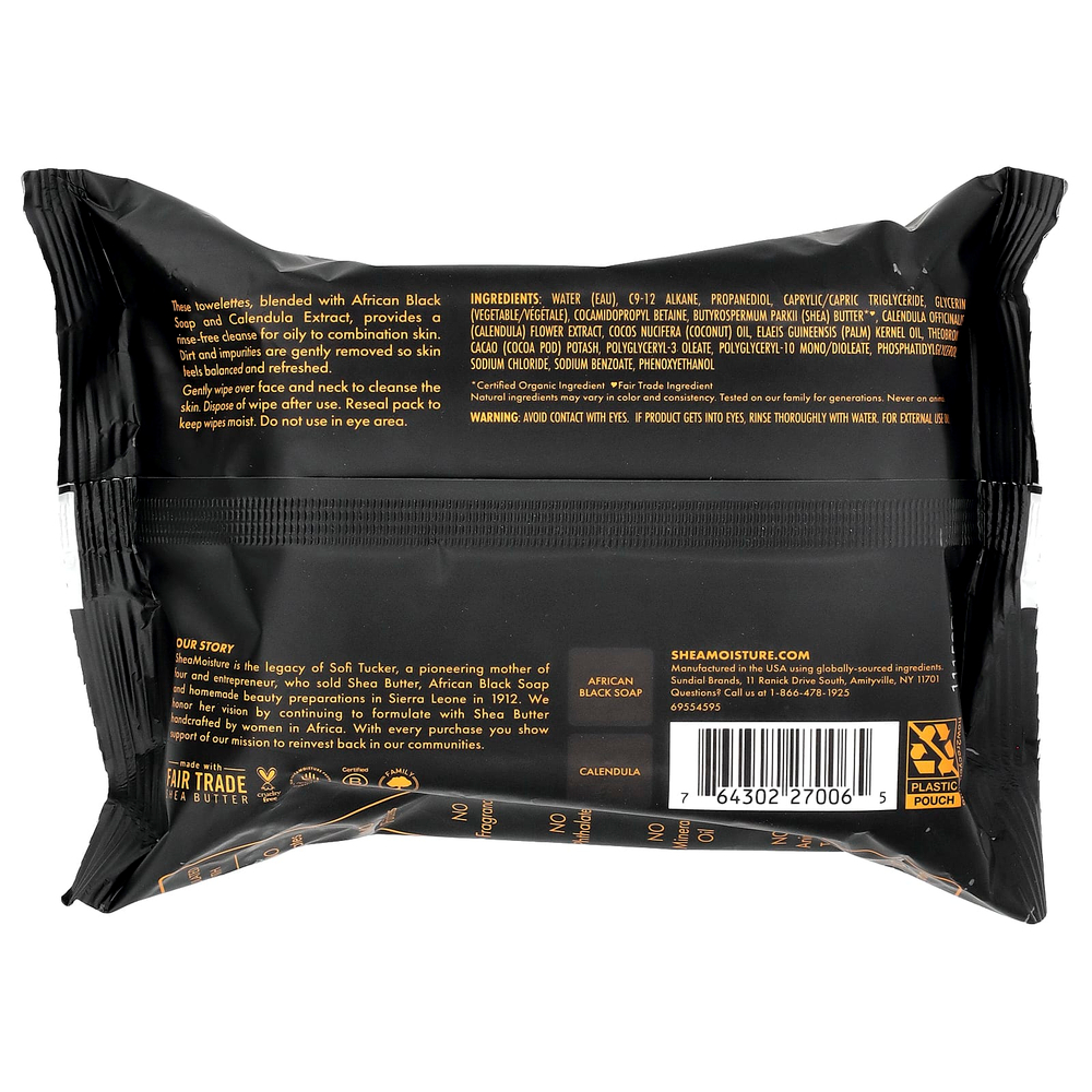 SheaMoisture, африканское черное мыло, очищающие салфетки для лица с календулой, без отдушек, 30 очищающих салфеток
