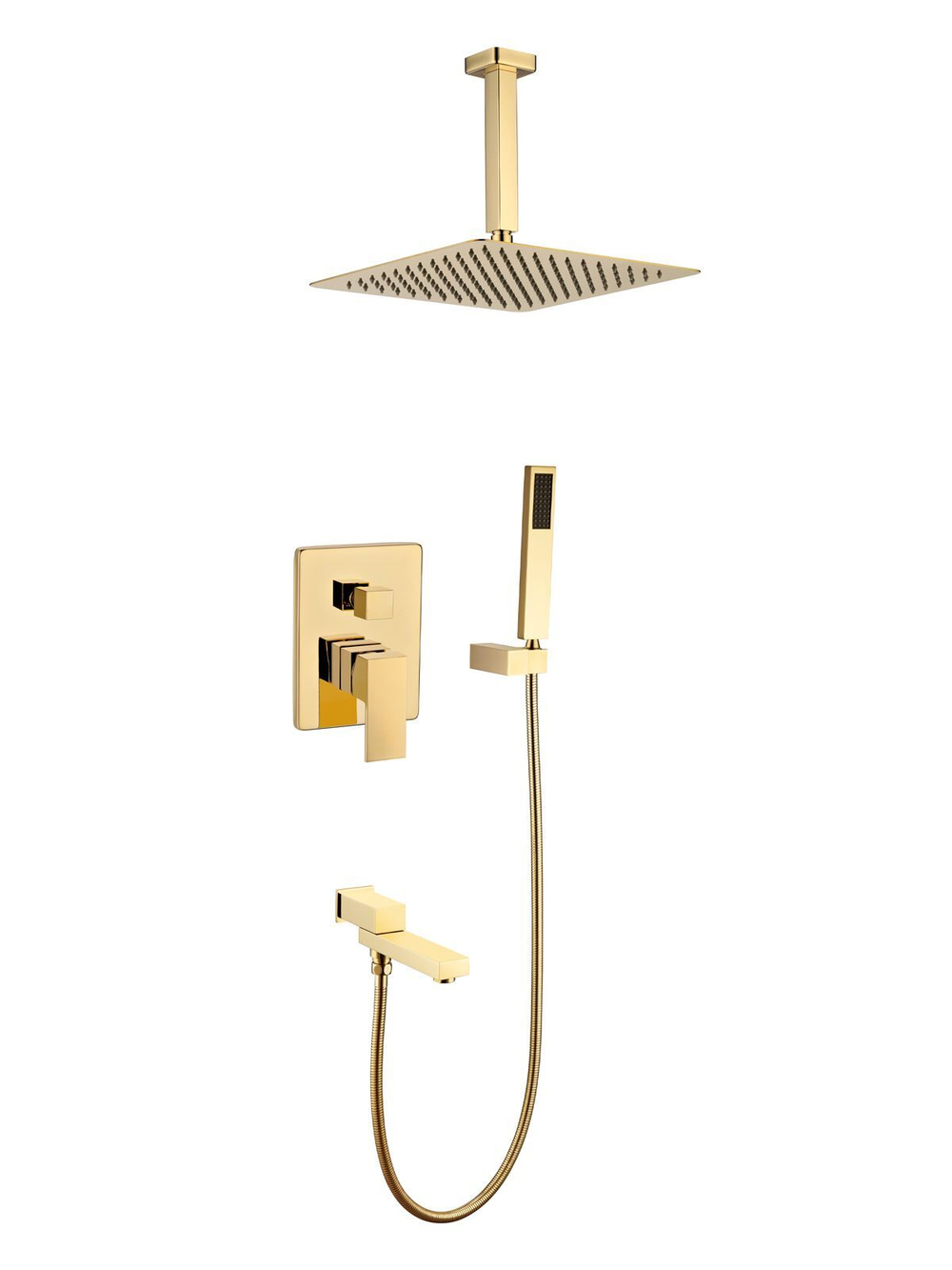 Душевая система скрытого монтажа из латуни "Grocenberg" (золото, квадрат, крепление к потолку)