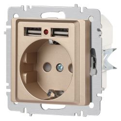 Розетка Intro Accent 6-410-04 , P+E Schuko со шторками, 16А-250В + 2хUSB, IP20, СУ, шампань