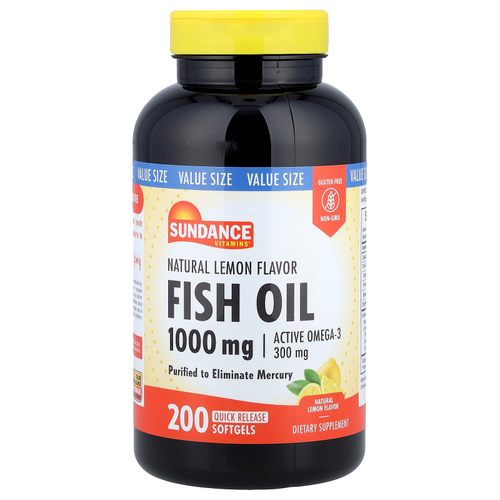 Sundance Vitamins, Рыбий жир, натуральный лимон, 1000 мг, 200 капсул с быстрым высвобождением
