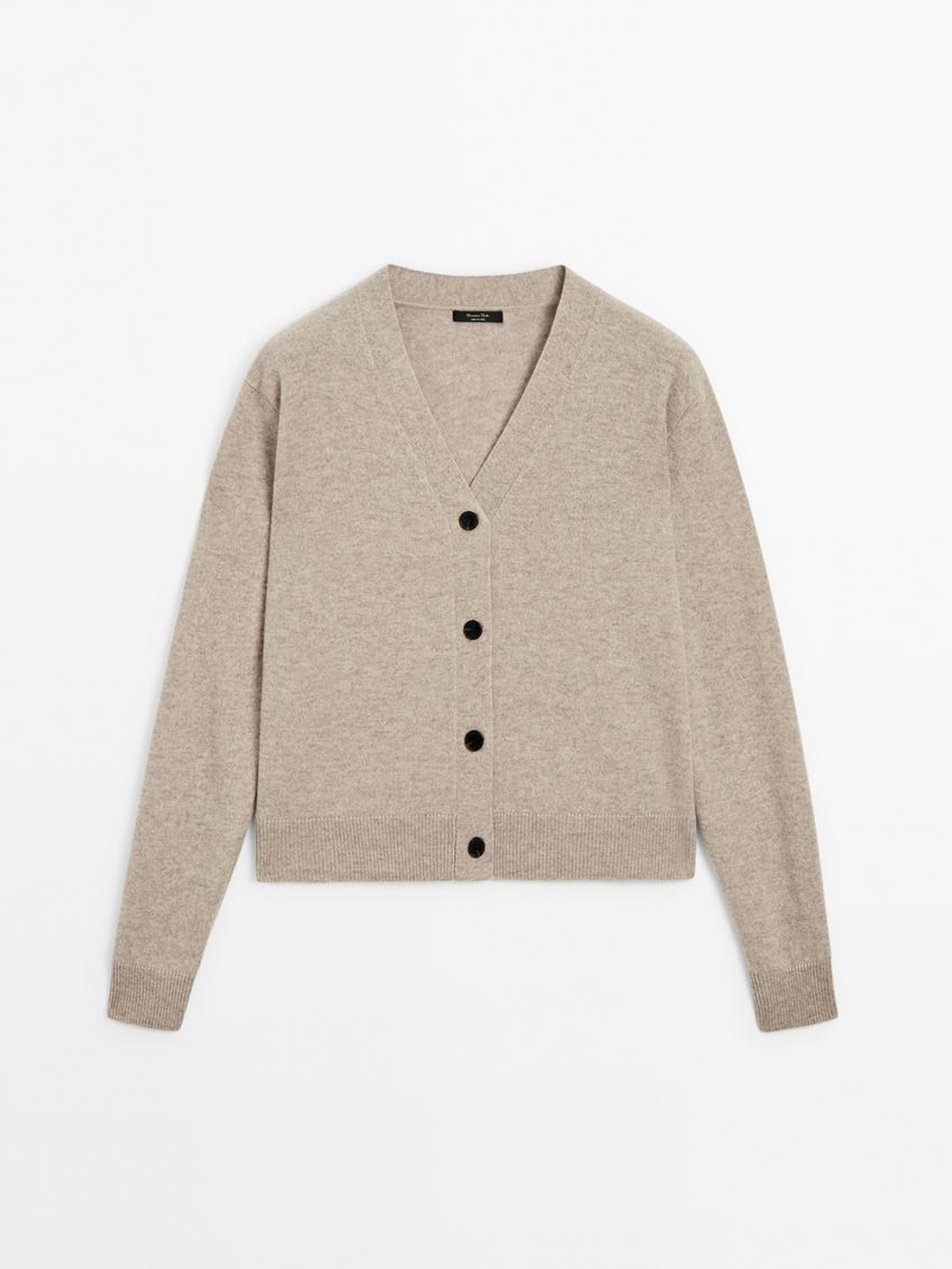 Massimo Dutti Кардиган из шерсти и кашемира с V-образным вырезом, кротово-коричневый