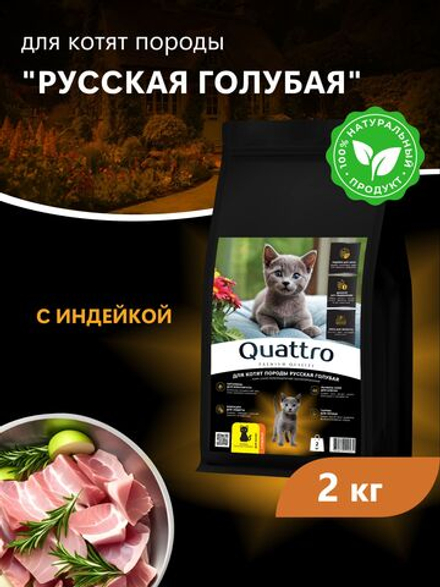 Корм сухой для котят породы Русская голубая, с индейкой, 2кг, QUATTRO