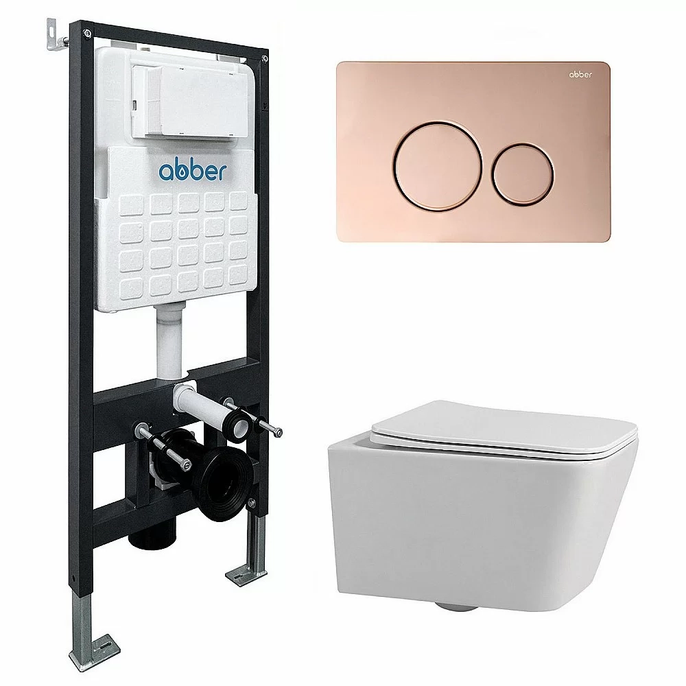 Унитаз подвесной Abber Rechteck AC1201-AC0105-AC0121RG белый, безободковый, с инсталляцией, с крышкой микролифт, с кнопкой золото розовое