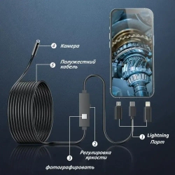эндоскоп автомобильный, С 8 регулируемыми светодиодными лампами, камера 1920 HD, 2 метра полужёсткого кабеля, подходит для iOS и Android ,эндоскоп для смартфона с подсветкой