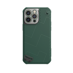 Защитный чехол зеленого цвета от Nillkin с ремешком на руку для iPhone 14 Pro Max, серия Strap Case, металлическая рамка для линз камеры