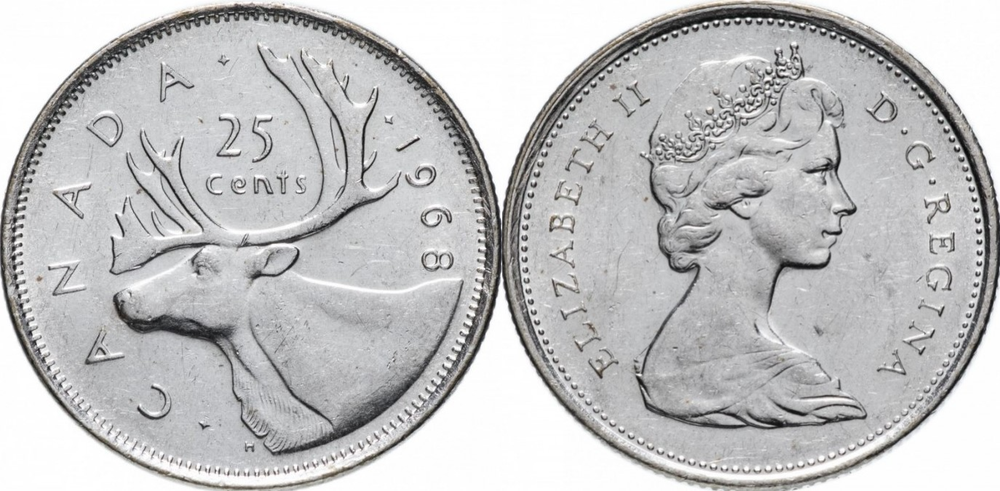 Канада 25 центов, 1968-1978 Королева Елизавета II XF