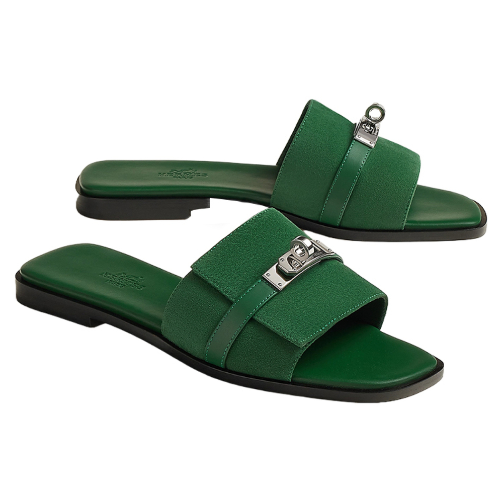 Hermes Giulia leather classic palladium-plated shoe buckle one-word slippers women's green, H232130Z I0
