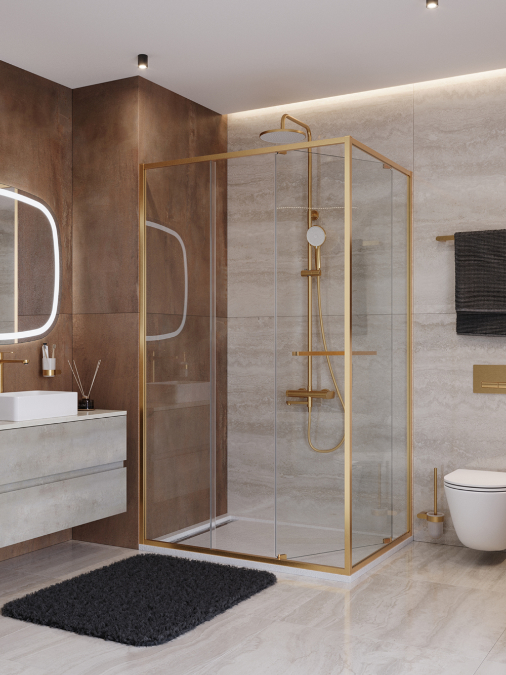 Душевой уголок Cezares LUX-AH-FS-11-120/90-C-BORO, 120х90х195, профиль брашированное золото, прозрачное стекло