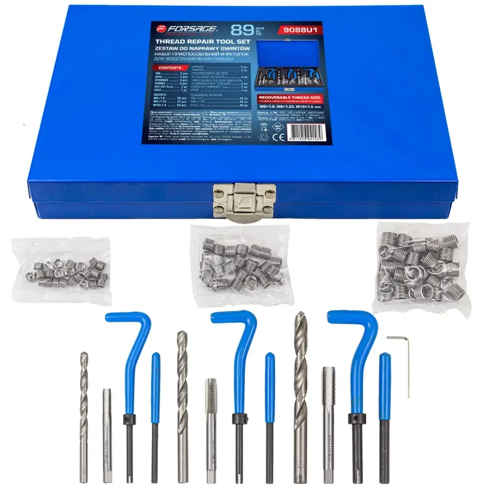Набор приспособлений и футорок для восстановления резьбы(М6х1, М8х1.25, М10х1.25) 88пр., в металлическом кейсе Forsage F-9088U1