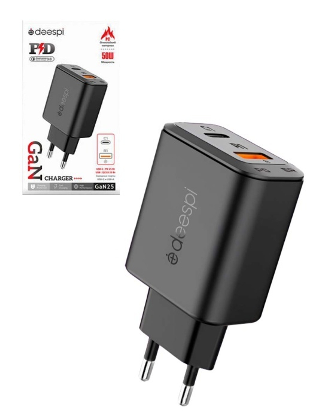 Сетевой адаптер питания DEESPI GaN25 QC3.0+PD25W (черный)