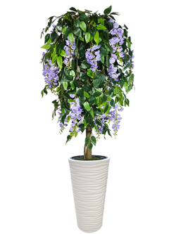 Искусственное дерево Акация сиреневая 170 см в высоком круглом белом кашпо