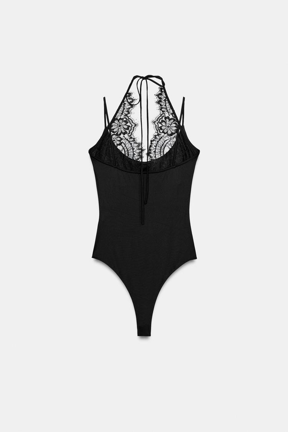 ZARA БОДИ ХАЛТЕР С КОМБИНИРОВАННЫМ КРУЖЕВОМ, ЧЕРНЫЙ