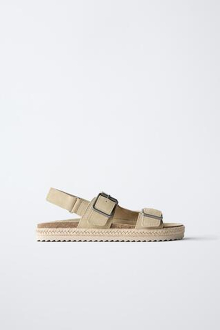 ZARA КОЖАНЫЕ САНДАЛИИ С ПРЯЖКАМИ И ДЖУТОВОЙ ПОДОШВОЙ, ПЕСОЧНО-КОРИЧНЕВЫЙ
