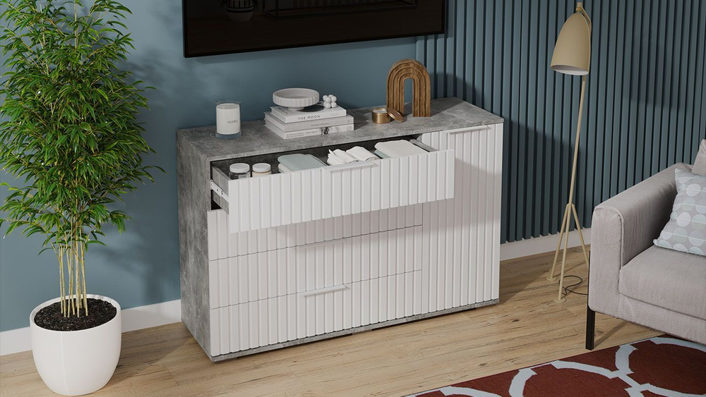 Комод для одежды с ящиками и полками Ателье светлый/Белый матовый 4 ящика 129х41х84 см