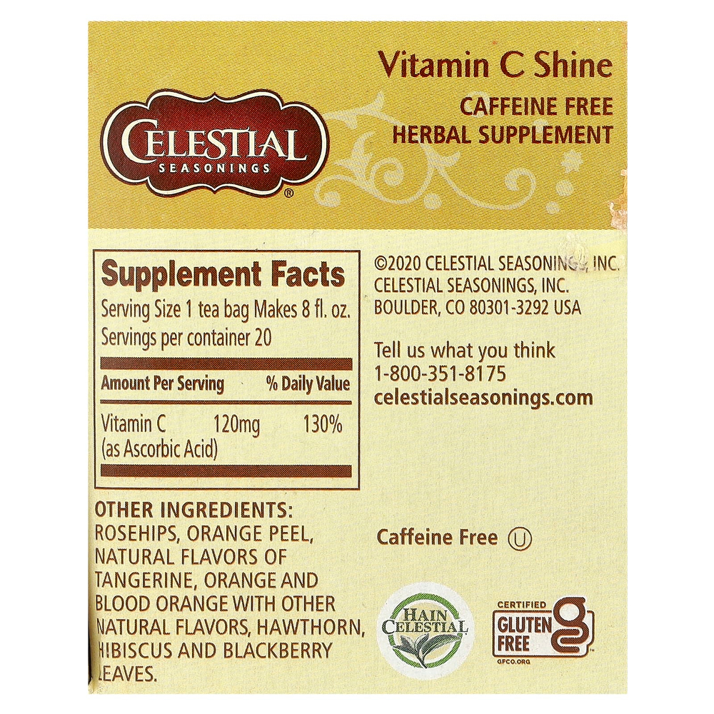 Celestial Seasonings, Vitamin C Shine, без кофеина, 20 чайных пакетиков, 47 г (1,6 унции)