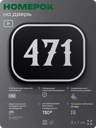 Номерок на дверь квартиры 471, для кабинета, офиса, шильдик 9 х 7 см, черный, Айдентика Технолоджи