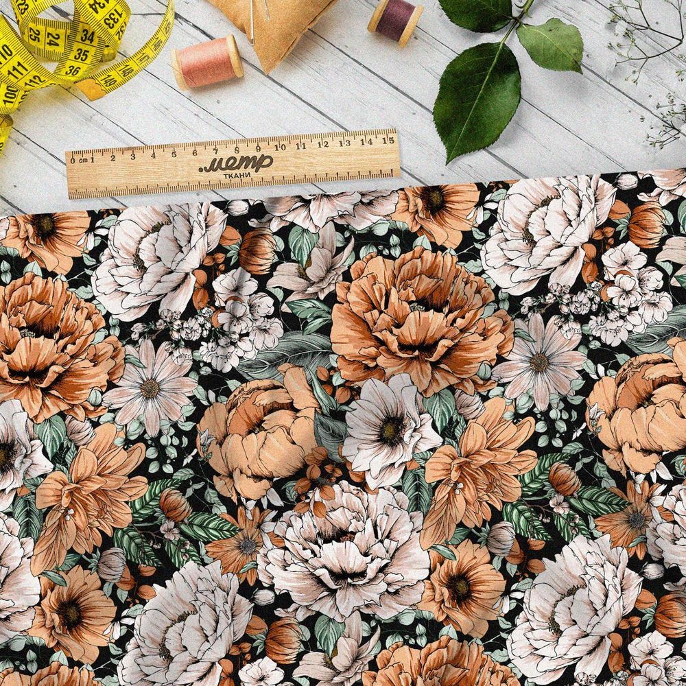 Ткань лен пышные распустившиеся цветы