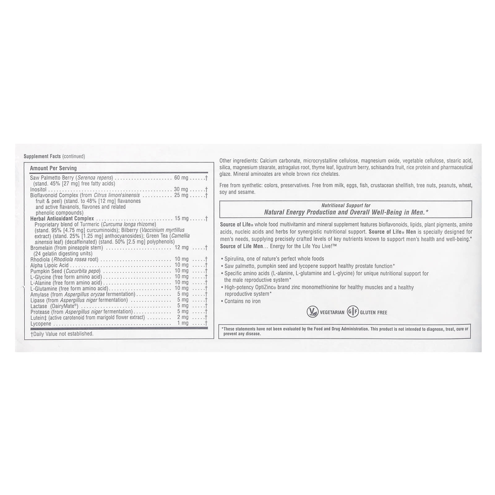NaturesPlus, Source of Life, не содержащая железа поливитаминная и минеральная добавка с концентратами цельных продуктов для мужчин, 120 таблеток