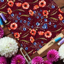 Ткань бифлекс маки и васильки на бордовом фоне