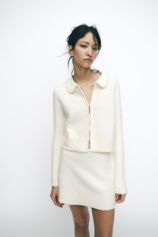 ZARA ТРИКОТАЖНАЯ МИНИ-ЮБКА С БУСИНАМИ, ЭКРЮ