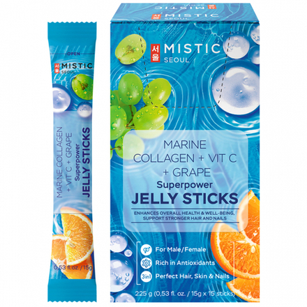 MISTIC MARINE COLLAGEN + VIT C + GRAPE SUPERPOWER JELLY STICKS Суперпауэр коллагеновые желейные палочки со вкусом винограда 15шт.*15г/кор